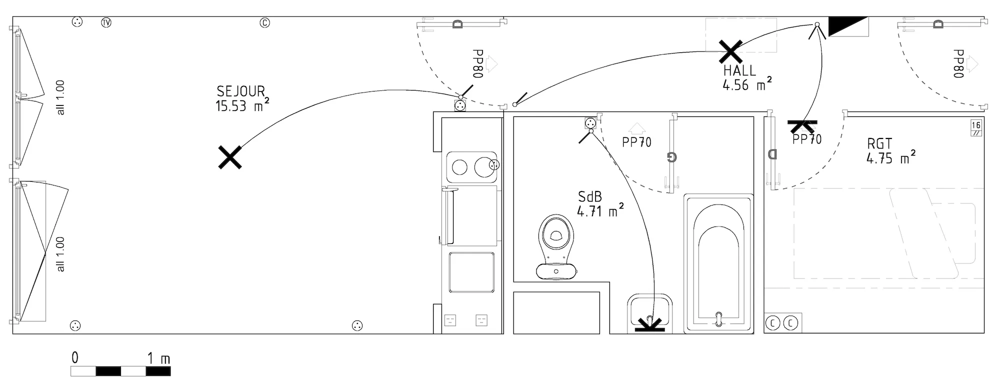 Exemple de studio étudiant existant pour lequel le plan d'implantation électrique a été refait par rapport à l'existant.
l'activité de prestation plans consiste à refaire en 2D ce studio avec ces équipements.
A partir de ce plan la construction BIM peut commencer.