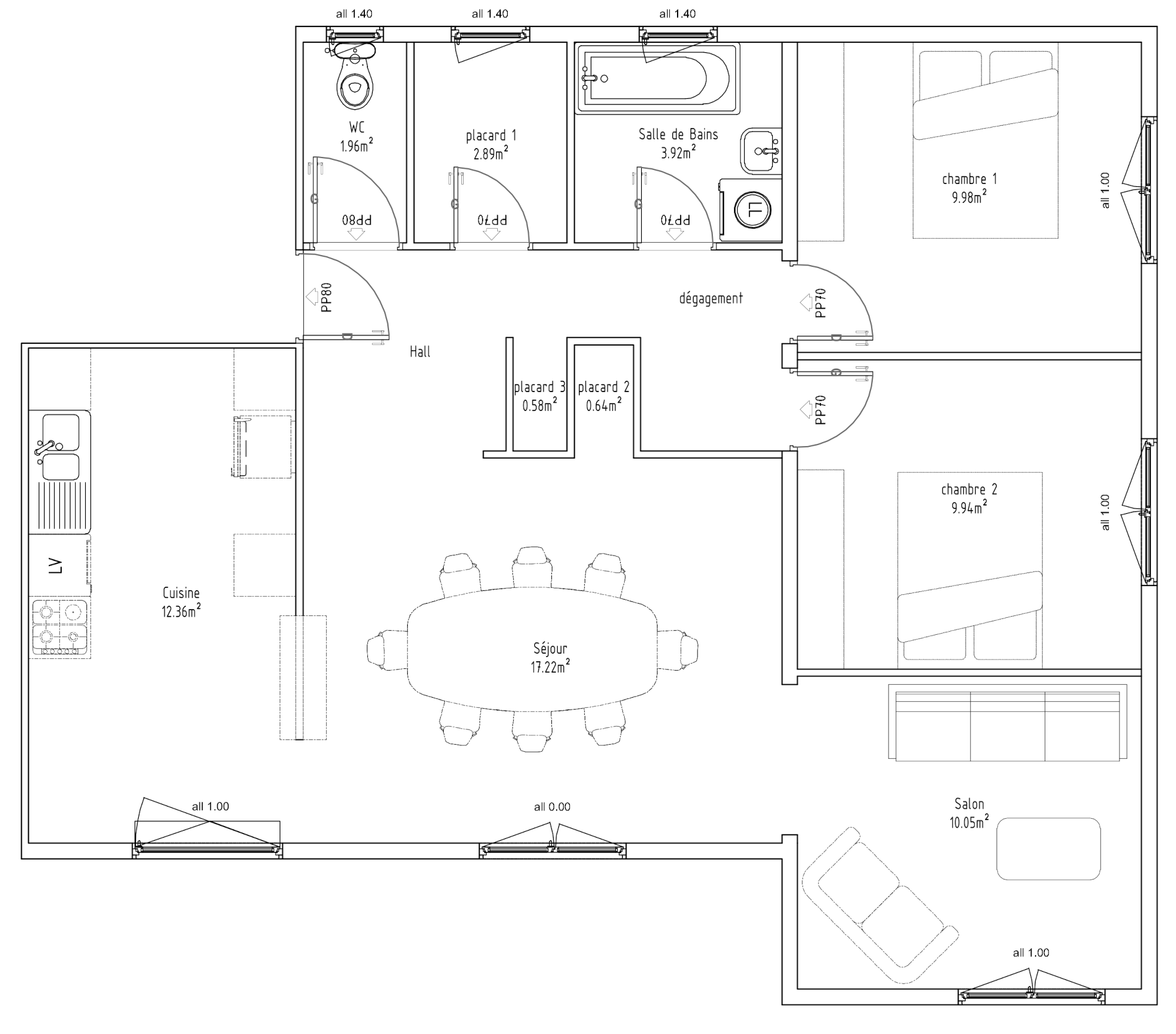 Proposition d'aménagement d'appartement type T4. Réalisé avec le logiciel GstarCAD 2023