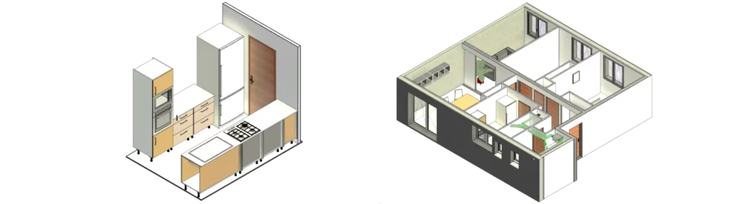 Exemple de maquette numérique réalisée avec le logiciel Autodesk Revit.
Implantation des équipements de cuisine et aménagement complet de l'appartement.