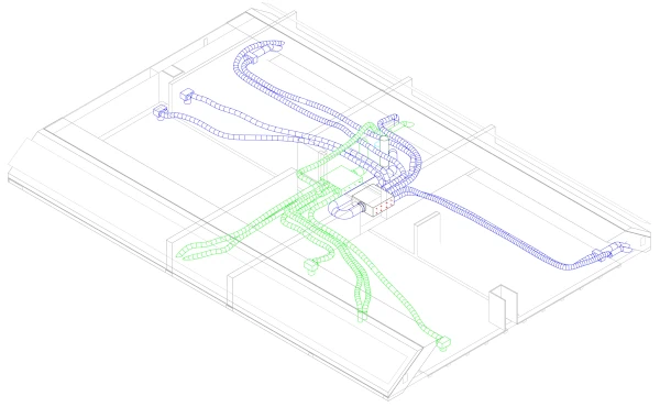 Exemple visuel 3D d'un réseau de ventilation double-flux circulant dans les combles d'un logement.