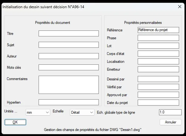 Fenêtre d'invite utilisateur afin que celui-ci puisse compléter des renseignements utile pour le plan.